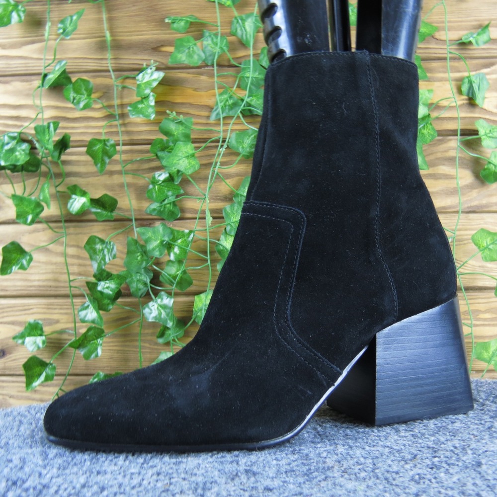 Blondo Salome Cow Suede Ankle Boots Black Leather Block Heel Zip Up Womens 9 M‎